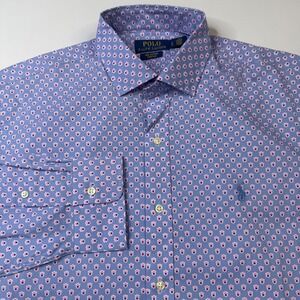 Polo Ralph Lauren Button Down Shirt Mens Large Blue Pink Geometric Pony Stretch